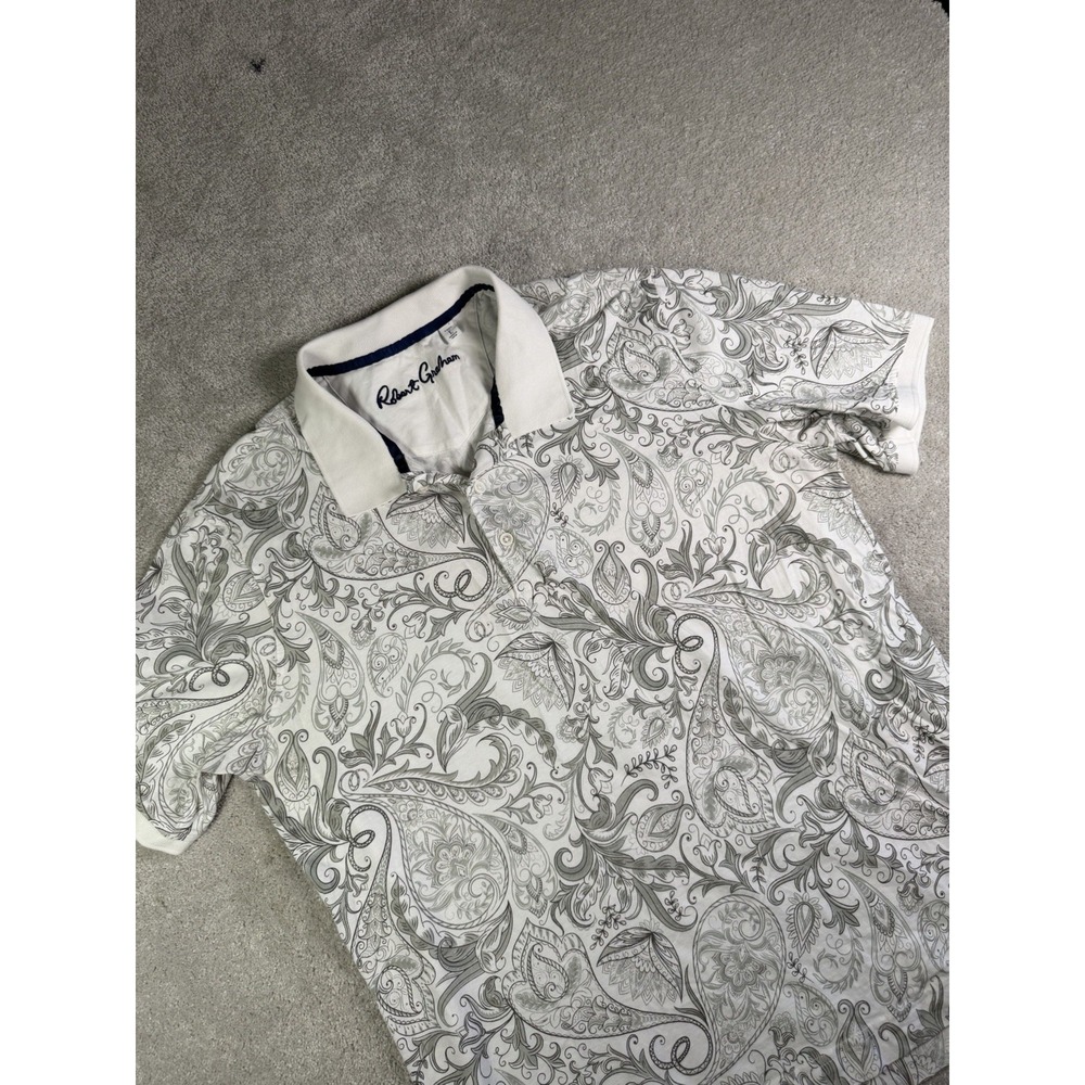 Robert Graham Polo Shirt Mens Large White Floral Paisley Hawaiian Short Sleeve